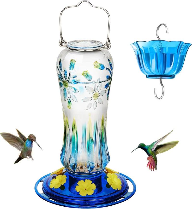 Kingsyard Hummingbird Feeder for Outdoors Hanging, 25 Ounces, Glass Humming Bird Nectar Feeder with Ant Moat & 6 Feeding Ports, Leak Proof, Blue - Image 1